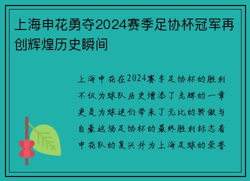 上海申花勇夺2024赛季足协杯冠军再创辉煌历史瞬间