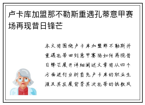 卢卡库加盟那不勒斯重遇孔蒂意甲赛场再现昔日锋芒