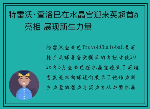 特雷沃·查洛巴在水晶宫迎来英超首发亮相 展现新生力量